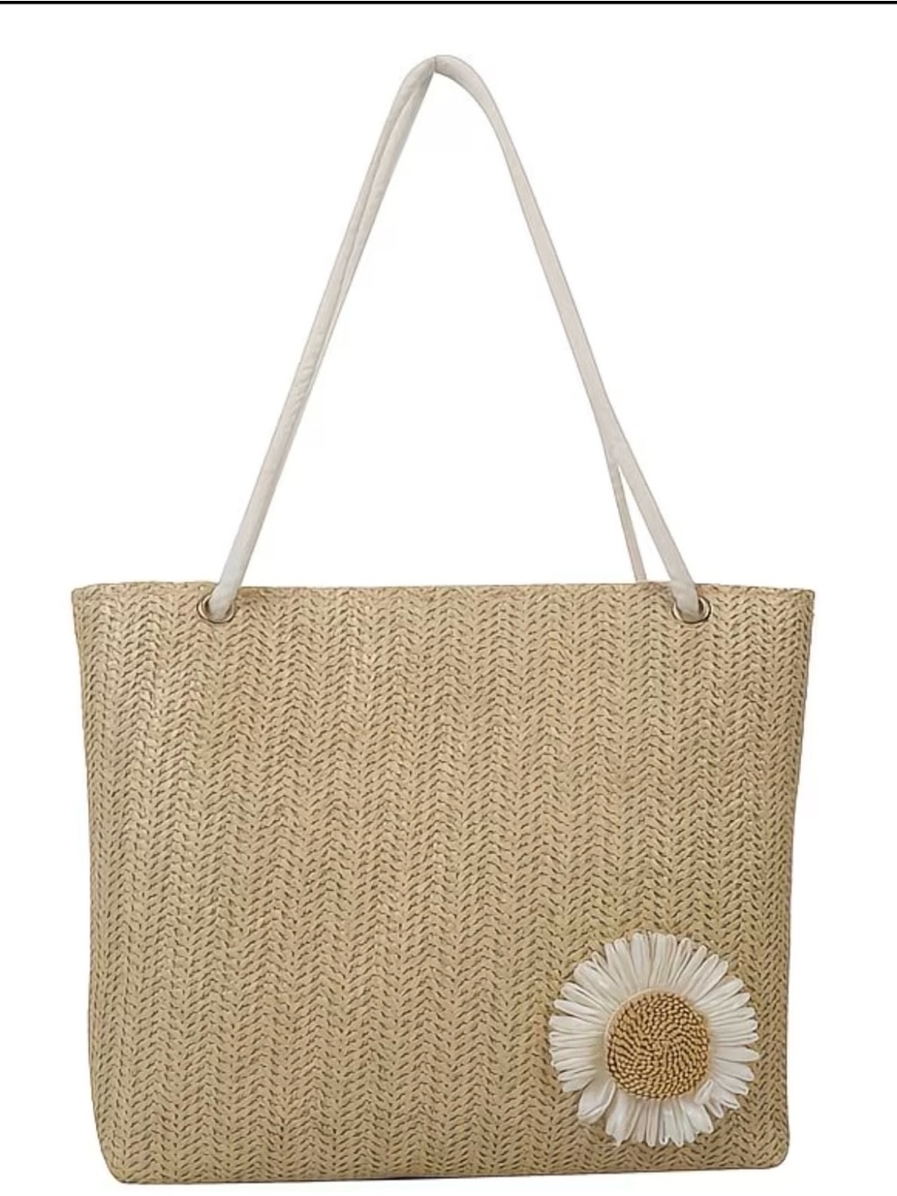 Straw Tote Bag with White Daisy Flower Accent